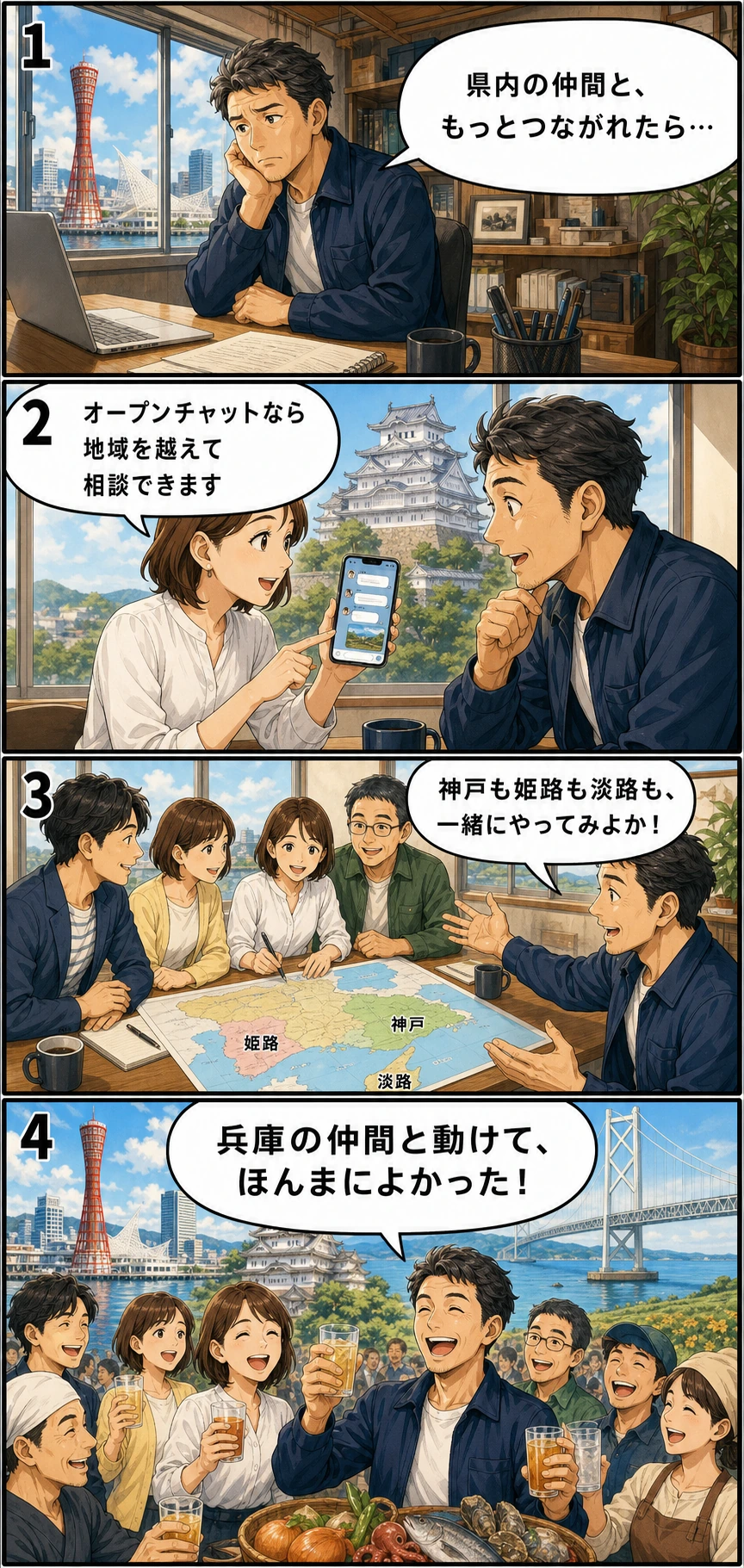 兵庫の方言で読むオープンチャット参加後の変化4コマ