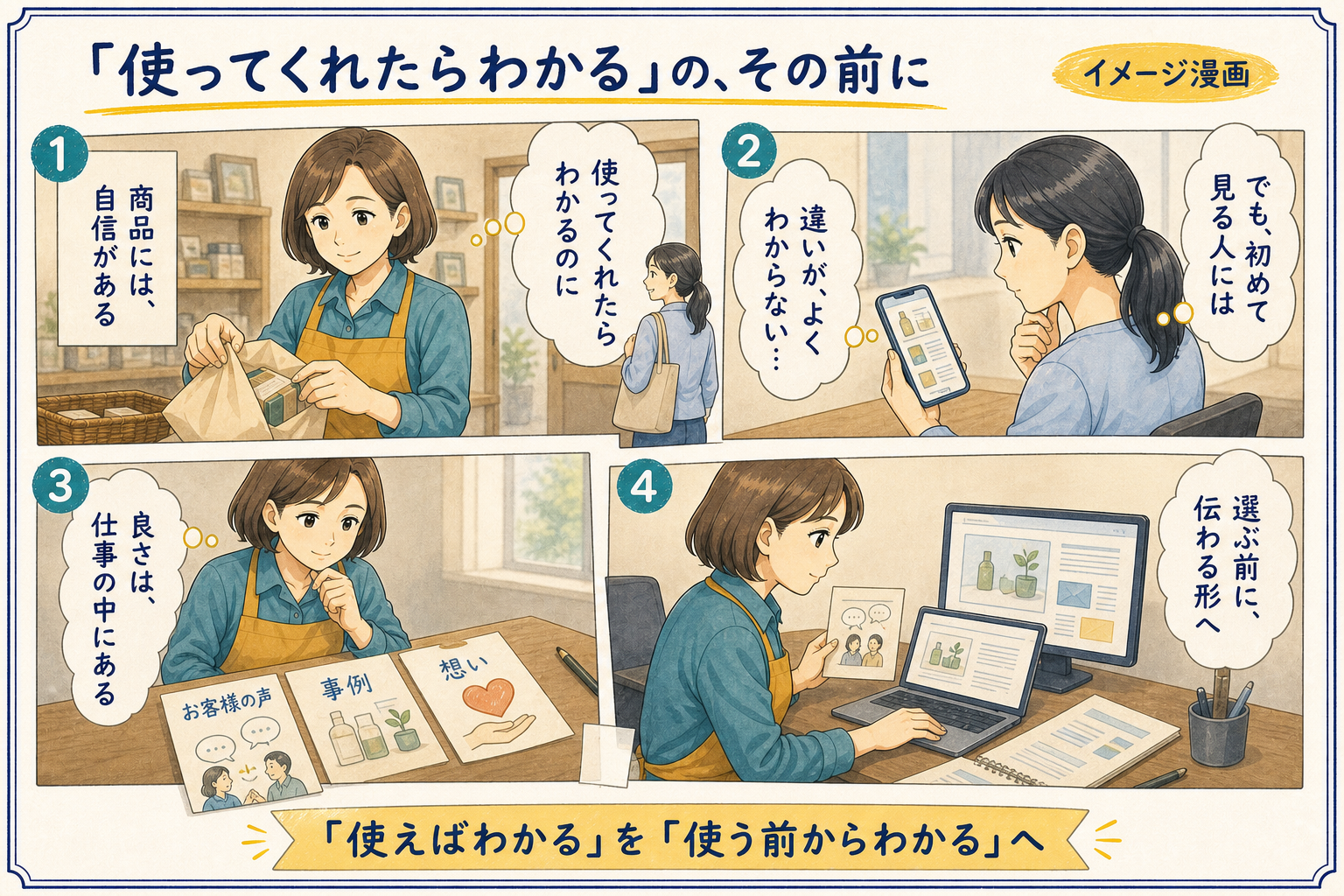 商品やサービスに自信がある経営者が、初めて見る人には違いが伝わっていないと気づき、お客様の声、事例、想いを選ぶ前に伝わる形へ整え始める4コマ漫画