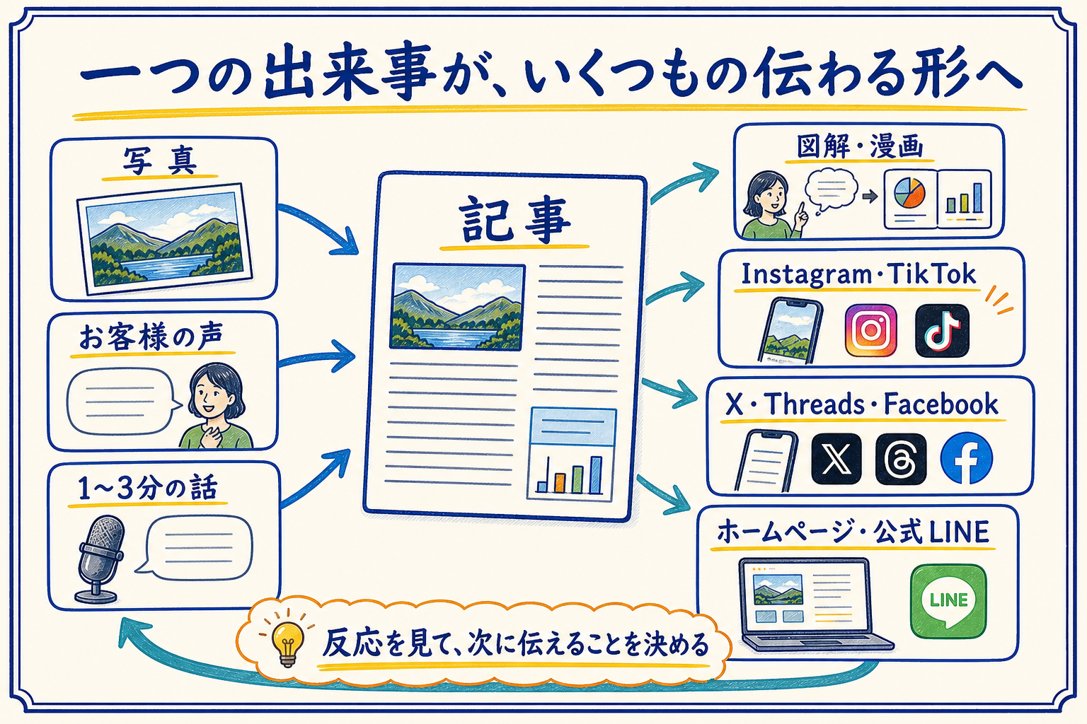 写真、お客様の声、短い会話から記事を作り、図解、漫画、SNS、ホームページ、公式LINEへ展開し、反応を次の発信へ生かす流れ