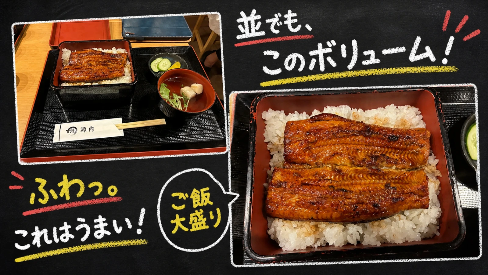 うな重の並とご飯大盛りを大きく見せたチョーク風コラージュ