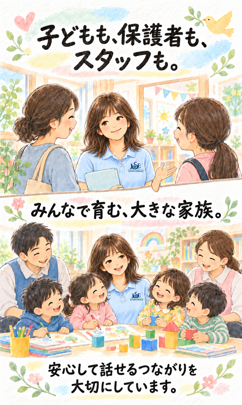 子どもも、保護者も、スタッフも。 みんなで育む、大きな家族。 安心して話せるつながりを大切にしています。